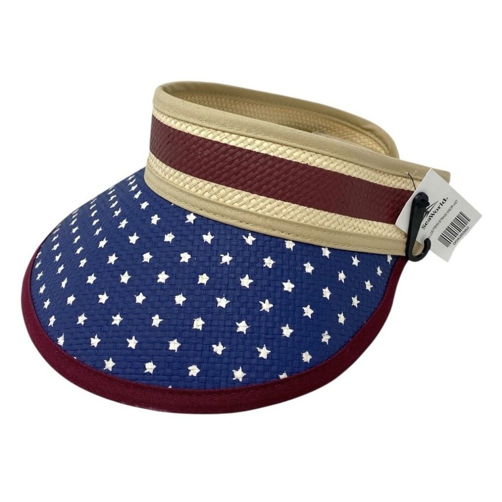 NWT Seaworld Parks USA Flag Straw Visor Adjustable Hat‎ 4th of July NEW